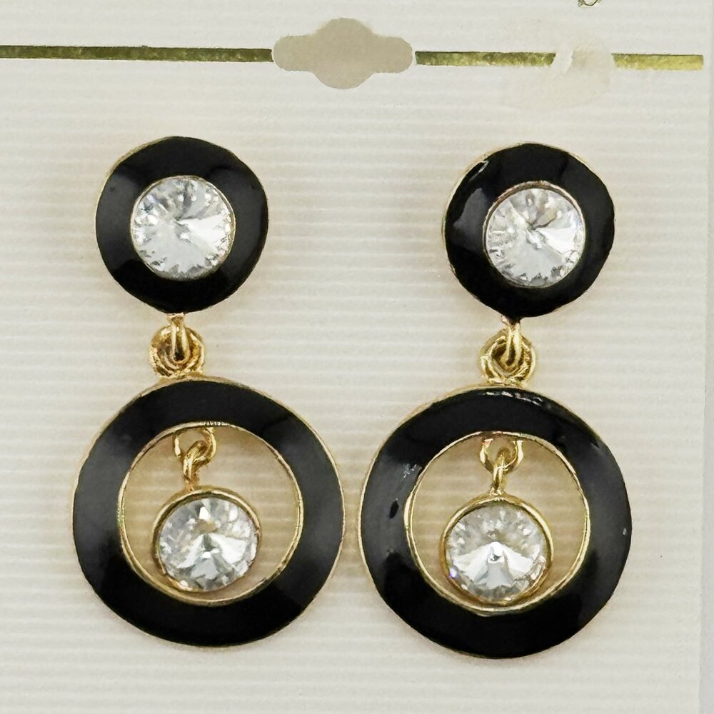 Classic style round dangle earrings, black enamel, crystals, posts, NWOT